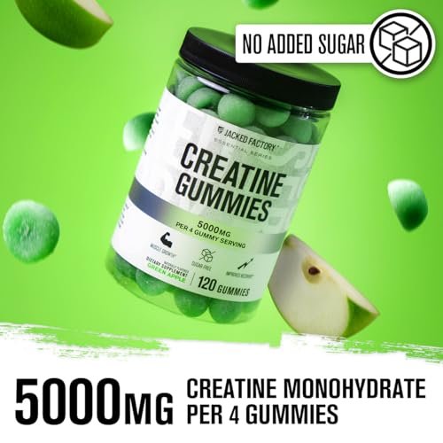 Jacked Factory Zuckerfreie Creatine Gummies – 5 g Tagesdosis (1,25 g pro Gummy) – Creatine Gummies ohne Zucker für Männer und Frauen, veganfreundlich, drittanbietergetestet – 120 Gummies, Grünem Apfel