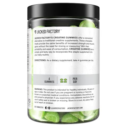 Jacked Factory Zuckerfreie Creatine Gummies – 5 g Tagesdosis (1,25 g pro Gummy) – Creatine Gummies ohne Zucker für Männer und Frauen, veganfreundlich, drittanbietergetestet – 120 Gummies, Grünem Apfel
