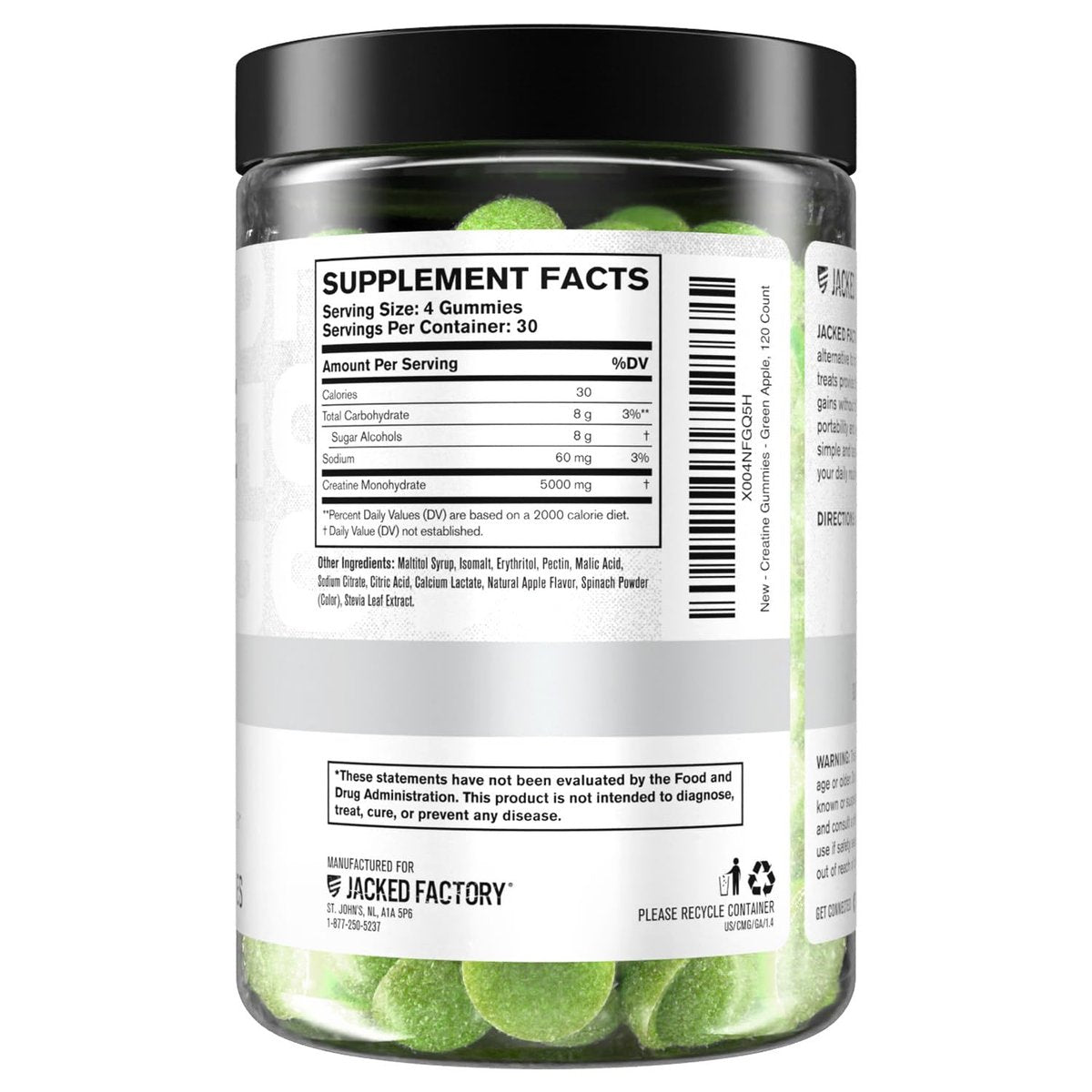 Jacked Factory Zuckerfreie Creatine Gummies – 5 g Tagesdosis (1,25 g pro Gummy) – Creatine Gummies ohne Zucker für Männer und Frauen, veganfreundlich, drittanbietergetestet – 120 Gummies, Grünem Apfel