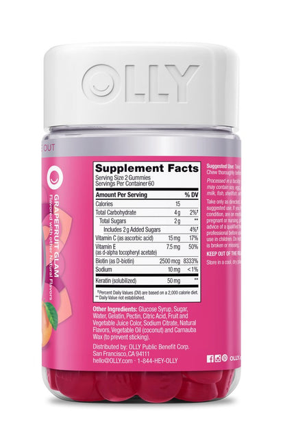 OLLY Hair Skin and Nails Gummies – Unwiderstehliche Schönheit mit Biotin 2500mcg pro 2 Gummis, Keratin & Vitamin C – Unterstützt gesunde Haare, Haut & Nägel – Grapefruitgeschmack – 120 Stück
