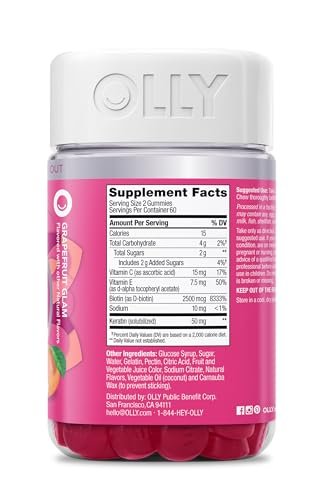 OLLY Hair Skin and Nails Gummies – Unwiderstehliche Schönheit mit Biotin 2500mcg pro 2 Gummis, Keratin & Vitamin C – Unterstützt gesunde Haare, Haut & Nägel – Grapefruitgeschmack – 120 Stück