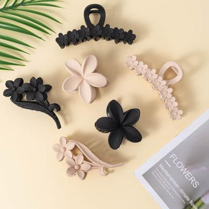 6er-Pack Blumen-Haarklammern für Damen - 3 Stile Hawaii-Hibiskus-Haarclips, rutschfest, matt, schwarz & creme, große Klammer für dickes Haar, süße Haaraccessoires für Reisen, Strand, Alltag