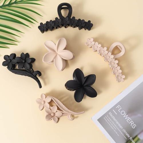 6er-Pack Blumen-Haarklammern für Damen - 3 Stile Hawaii-Hibiskus-Haarclips, rutschfest, matt, schwarz & creme, große Klammer für dickes Haar, süße Haaraccessoires für Reisen, Strand, Alltag