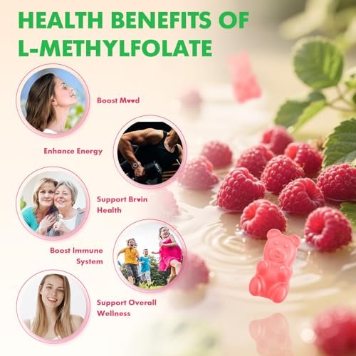MEENCCD L-Methylfolat Gummies, Methylfolat Supplement, 5-MTHF Supplement - Aktives 5-MTHF - Unterstützt das allgemeine Wohlbefinden, Vegan, Himbeergeschmack, 60 Stück
