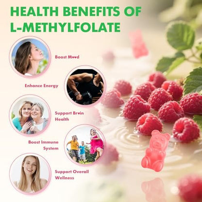 MEENCCD L-Methylfolat Gummies, Methylfolat Supplement, 5-MTHF Supplement - Aktives 5-MTHF - Unterstützt das allgemeine Wohlbefinden, Vegan, Himbeergeschmack, 60 Stück