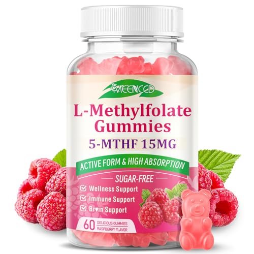 MEENCCD L-Methylfolat Gummies, Methylfolat Supplement, 5-MTHF Supplement - Aktives 5-MTHF - Unterstützt das allgemeine Wohlbefinden, Vegan, Himbeergeschmack, 60 Stück