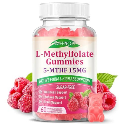 MEENCCD L-Methylfolat Gummies, Methylfolat Supplement, 5-MTHF Supplement - Aktives 5-MTHF - Unterstützt das allgemeine Wohlbefinden, Vegan, Himbeergeschmack, 60 Stück