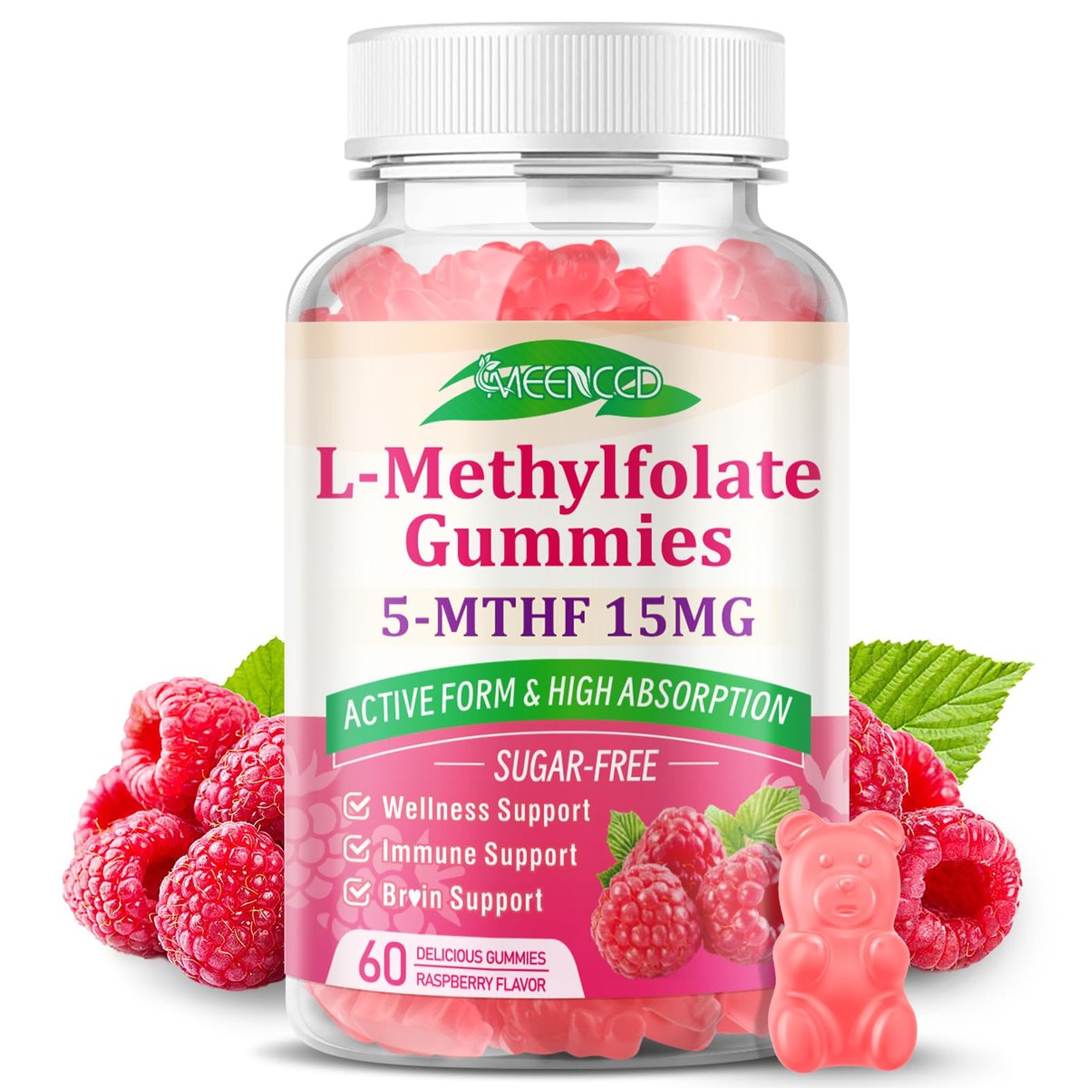 MEENCCD L-Methylfolat Gummies, Methylfolat Supplement, 5-MTHF Supplement - Aktives 5-MTHF - Unterstützt das allgemeine Wohlbefinden, Vegan, Himbeergeschmack, 60 Stück