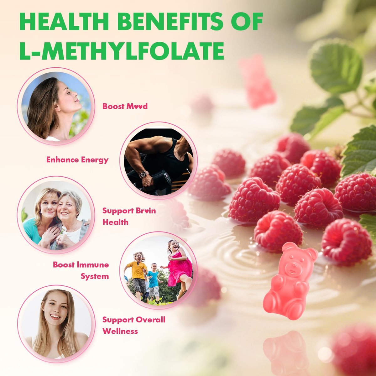 MEENCCD L-Methylfolat Gummies, Methylfolat Supplement, 5-MTHF Supplement - Aktives 5-MTHF - Unterstützt das allgemeine Wohlbefinden, Vegan, Himbeergeschmack, 60 Stück