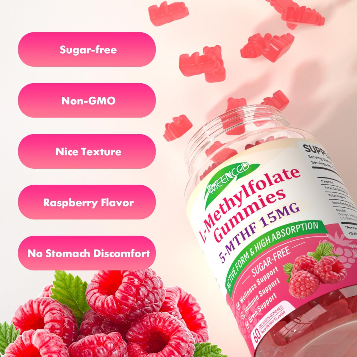 MEENCCD L-Methylfolat Gummies, Methylfolat Supplement, 5-MTHF Supplement - Aktives 5-MTHF - Unterstützt das allgemeine Wohlbefinden, Vegan, Himbeergeschmack, 60 Stück