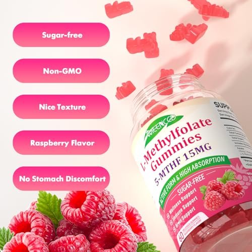 MEENCCD L-Methylfolat Gummies, Methylfolat Supplement, 5-MTHF Supplement - Aktives 5-MTHF - Unterstützt das allgemeine Wohlbefinden, Vegan, Himbeergeschmack, 60 Stück
