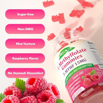 MEENCCD L-Methylfolat Gummies, Methylfolat Supplement, 5-MTHF Supplement - Aktives 5-MTHF - Unterstützt das allgemeine Wohlbefinden, Vegan, Himbeergeschmack, 60 Stück