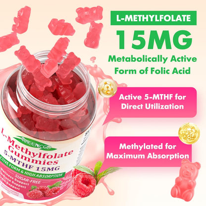 MEENCCD L-Methylfolat Gummies, Methylfolat Supplement, 5-MTHF Supplement - Aktives 5-MTHF - Unterstützt das allgemeine Wohlbefinden, Vegan, Himbeergeschmack, 60 Stück