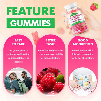 MEENCCD L-Methylfolat Gummies, Methylfolat Supplement, 5-MTHF Supplement - Aktives 5-MTHF - Unterstützt das allgemeine Wohlbefinden, Vegan, Himbeergeschmack, 60 Stück