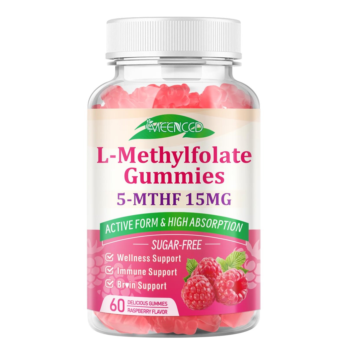 MEENCCD L-Methylfolat Gummies, Methylfolat Supplement, 5-MTHF Supplement - Aktives 5-MTHF - Unterstützt das allgemeine Wohlbefinden, Vegan, Himbeergeschmack, 60 Stück