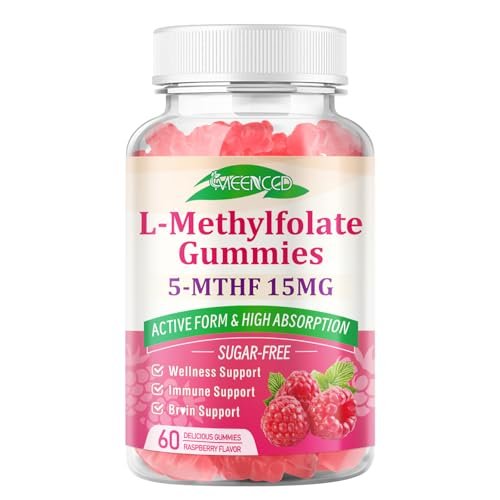 MEENCCD L-Methylfolat Gummies, Methylfolat Supplement, 5-MTHF Supplement - Aktives 5-MTHF - Unterstützt das allgemeine Wohlbefinden, Vegan, Himbeergeschmack, 60 Stück