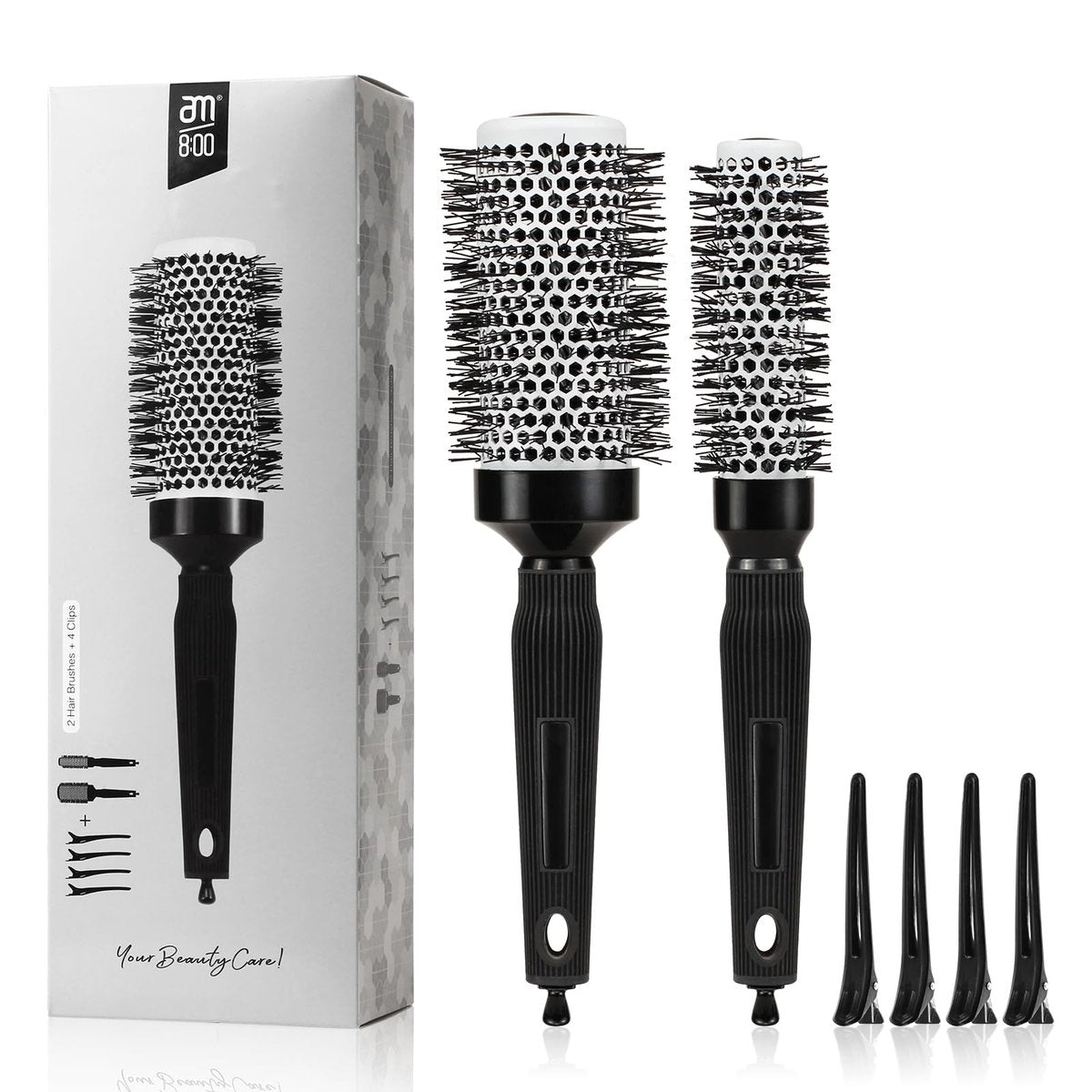 Rundbürsten-Set für Föhnen – Keramik-Rundbürste für professionelles Blowout, Styling und Locken, reduziert Frizz, verstärkt Glanz, Volumen und Glanz, inklusive Abteil-Kamm und 4 Clips