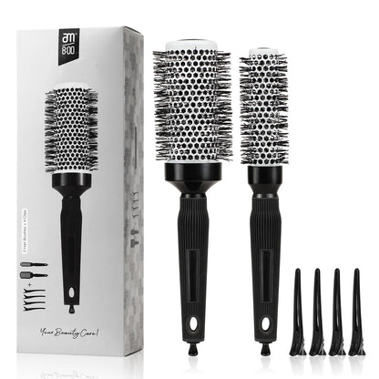 Rundbürsten-Set für Föhnen – Keramik-Rundbürste für professionelles Blowout, Styling und Locken, reduziert Frizz, verstärkt Glanz, Volumen und Glanz, inklusive Abteil-Kamm und 4 Clips