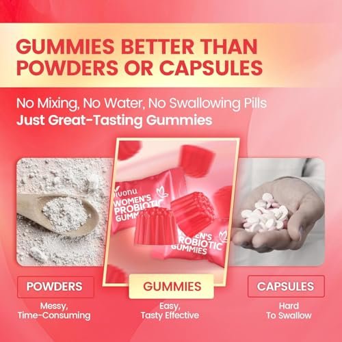 VivoNu Probiotika für Frauen – Probiotische Gummis für Frauen, 500 Millionen KBE, Ballaststoffe | Weibliche Balance Gummis für gesunden Geruch, Verdauungsunterstützung und Darmgesundheit + Vitamin C für Immununterstützung – 60 Gummis