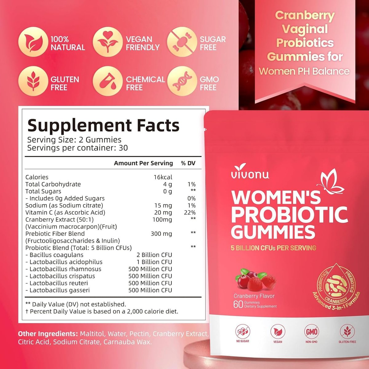 VivoNu Probiotika für Frauen – Probiotische Gummis für Frauen, 500 Millionen KBE, Ballaststoffe | Weibliche Balance Gummis für gesunden Geruch, Verdauungsunterstützung und Darmgesundheit + Vitamin C für Immununterstützung – 60 Gummis