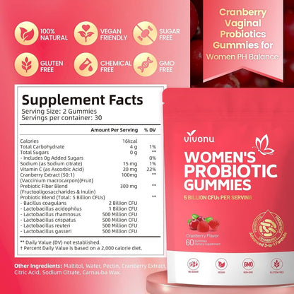 VivoNu Probiotika für Frauen – Probiotische Gummis für Frauen, 500 Millionen KBE, Ballaststoffe | Weibliche Balance Gummis für gesunden Geruch, Verdauungsunterstützung und Darmgesundheit + Vitamin C für Immununterstützung – 60 Gummis