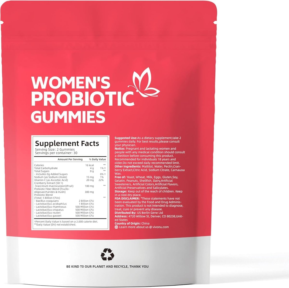 VivoNu Probiotika für Frauen – Probiotische Gummis für Frauen, 500 Millionen KBE, Ballaststoffe | Weibliche Balance Gummis für gesunden Geruch, Verdauungsunterstützung und Darmgesundheit + Vitamin C für Immununterstützung – 60 Gummis