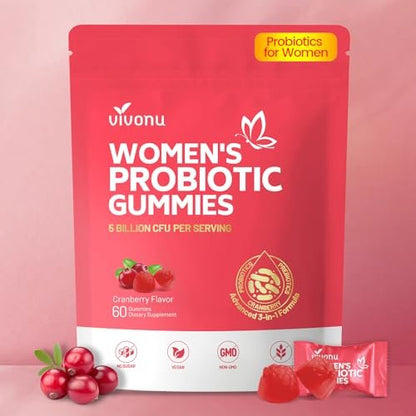 VivoNu Probiotika für Frauen – Probiotische Gummis für Frauen, 500 Millionen KBE, Ballaststoffe | Weibliche Balance Gummis für gesunden Geruch, Verdauungsunterstützung und Darmgesundheit + Vitamin C für Immununterstützung – 60 Gummis