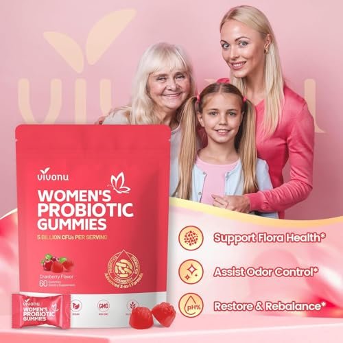 VivoNu Probiotika für Frauen – Probiotische Gummis für Frauen, 500 Millionen KBE, Ballaststoffe | Weibliche Balance Gummis für gesunden Geruch, Verdauungsunterstützung und Darmgesundheit + Vitamin C für Immununterstützung – 60 Gummis