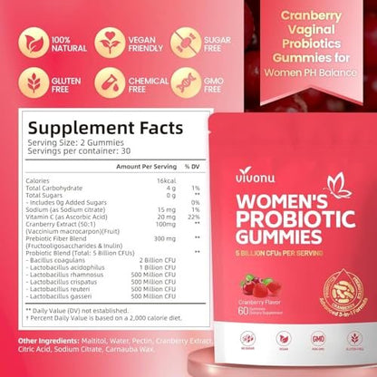 VivoNu Probiotika für Frauen – Probiotische Gummis für Frauen, 500 Millionen KBE, Ballaststoffe | Weibliche Balance Gummis für gesunden Geruch, Verdauungsunterstützung und Darmgesundheit + Vitamin C für Immununterstützung – 60 Gummis