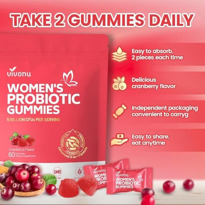 VivoNu Probiotika für Frauen – Probiotische Gummis für Frauen, 500 Millionen KBE, Ballaststoffe | Weibliche Balance Gummis für gesunden Geruch, Verdauungsunterstützung und Darmgesundheit + Vitamin C für Immununterstützung – 60 Gummis
