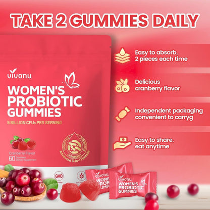VivoNu Probiotika für Frauen – Probiotische Gummis für Frauen, 500 Millionen KBE, Ballaststoffe | Weibliche Balance Gummis für gesunden Geruch, Verdauungsunterstützung und Darmgesundheit + Vitamin C für Immununterstützung – 60 Gummis