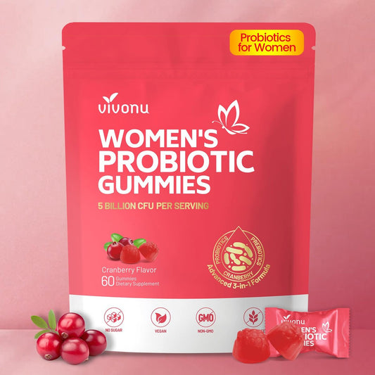 VivoNu Probiotika für Frauen – Probiotische Gummis für Frauen, 500 Millionen KBE, Ballaststoffe | Weibliche Balance Gummis für gesunden Geruch, Verdauungsunterstützung und Darmgesundheit + Vitamin C für Immununterstützung – 60 Gummis