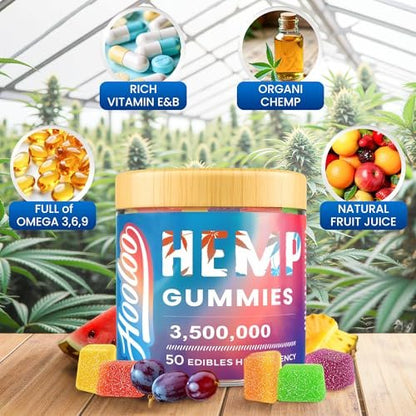 HOOLOO Hanf Gummis für Erwachsene, 6 fruchtige Geschmacksrichtungen für tiefe Nachtruhe und Entspannung, mit Vitaminen und Omega 3, hergestellt in den USA