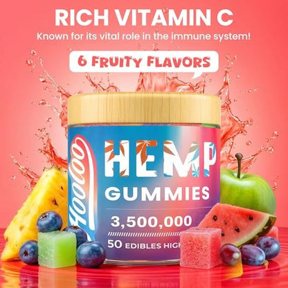 HOOLOO Hanf Gummis für Erwachsene, 6 fruchtige Geschmacksrichtungen für tiefe Nachtruhe und Entspannung, mit Vitaminen und Omega 3, hergestellt in den USA