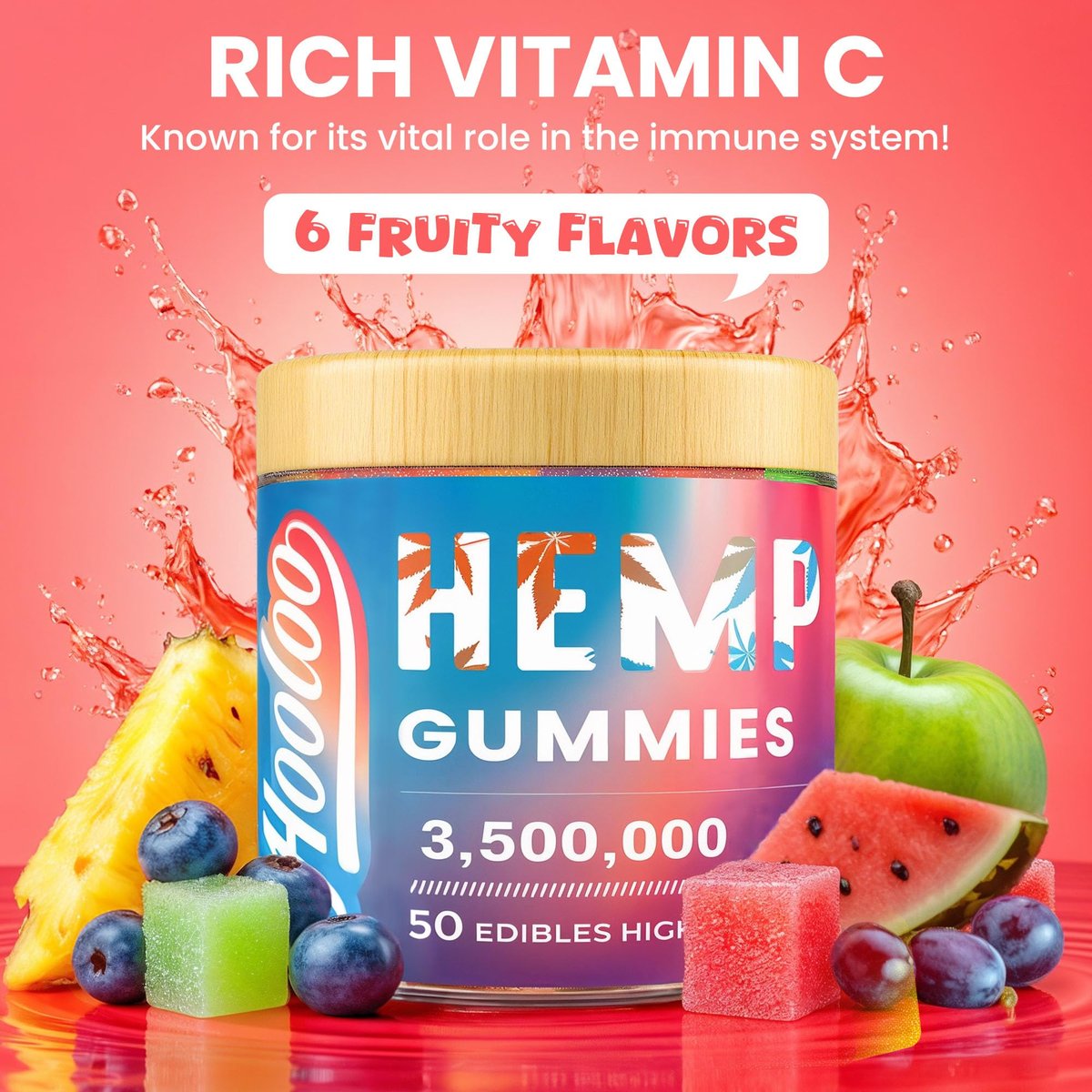 HOOLOO Hanf Gummis für Erwachsene, 6 fruchtige Geschmacksrichtungen für tiefe Nachtruhe und Entspannung, mit Vitaminen und Omega 3, hergestellt in den USA