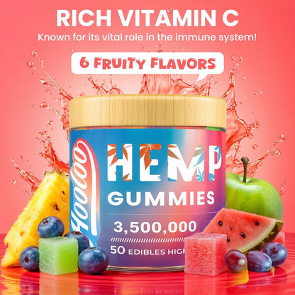 HOOLOO Hanf Gummis für Erwachsene, 6 fruchtige Geschmacksrichtungen für tiefe Nachtruhe und Entspannung, mit Vitaminen und Omega 3, hergestellt in den USA