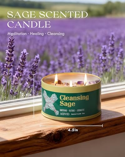 AOOVOO Salbei Kerze zur Reinigung – 3 Dochte, 340g Große Duftkerze mit Kristallen & Salbeiblättern, Sojakerze, ungiftig, für Meditation, spirituelles Geschenk, Aromatherapie-Kerze für Frauen & Männer