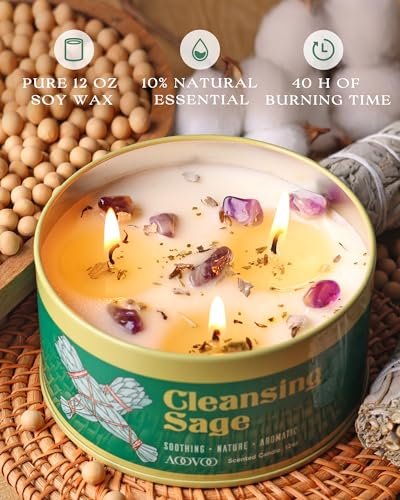 AOOVOO Salbei Kerze zur Reinigung – 3 Dochte, 340g Große Duftkerze mit Kristallen & Salbeiblättern, Sojakerze, ungiftig, für Meditation, spirituelles Geschenk, Aromatherapie-Kerze für Frauen & Männer