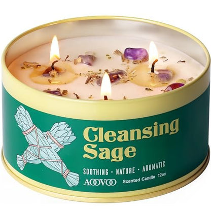 AOOVOO Salbei Kerze zur Reinigung – 3 Dochte, 340g Große Duftkerze mit Kristallen & Salbeiblättern, Sojakerze, ungiftig, für Meditation, spirituelles Geschenk, Aromatherapie-Kerze für Frauen & Männer