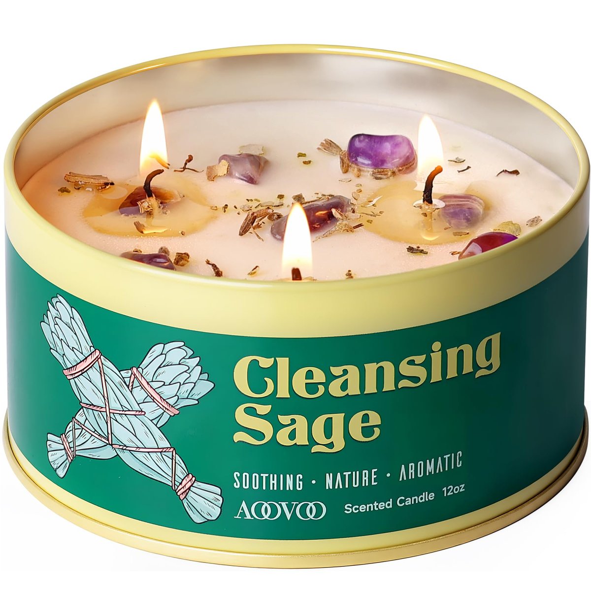 AOOVOO Salbei Kerze zur Reinigung – 3 Dochte, 340g Große Duftkerze mit Kristallen & Salbeiblättern, Sojakerze, ungiftig, für Meditation, spirituelles Geschenk, Aromatherapie-Kerze für Frauen & Männer