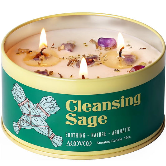 AOOVOO Salbei Kerze zur Reinigung – 3 Dochte, 340g Große Duftkerze mit Kristallen & Salbeiblättern, Sojakerze, ungiftig, für Meditation, spirituelles Geschenk, Aromatherapie-Kerze für Frauen & Männer