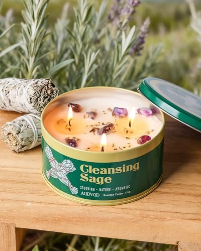 AOOVOO Salbei Kerze zur Reinigung – 3 Dochte, 340g Große Duftkerze mit Kristallen & Salbeiblättern, Sojakerze, ungiftig, für Meditation, spirituelles Geschenk, Aromatherapie-Kerze für Frauen & Männer