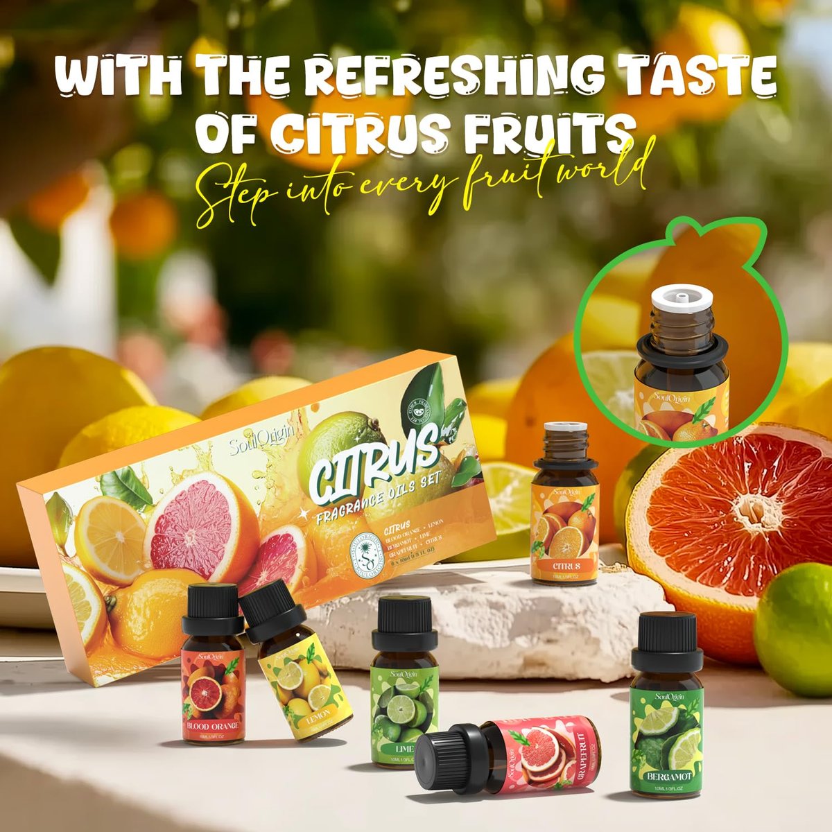 Soulorigin Citrus Duftöle Set für Diffuser, Aroma Diffuser Öl für Kerzenherstellung – Blutorange, Zitrone, Bergamotte, Limette, Grapefruit, Zitrus