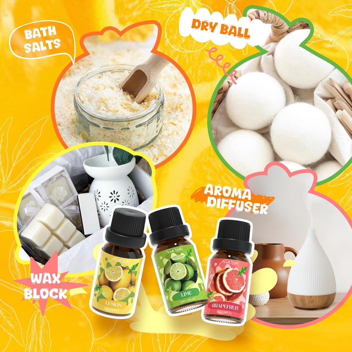 Soulorigin Citrus Duftöle Set für Diffuser, Aroma Diffuser Öl für Kerzenherstellung – Blutorange, Zitrone, Bergamotte, Limette, Grapefruit, Zitrus