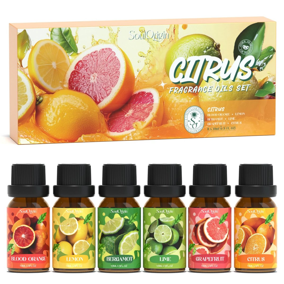 Soulorigin Citrus Duftöle Set für Diffuser, Aroma Diffuser Öl für Kerzenherstellung – Blutorange, Zitrone, Bergamotte, Limette, Grapefruit, Zitrus