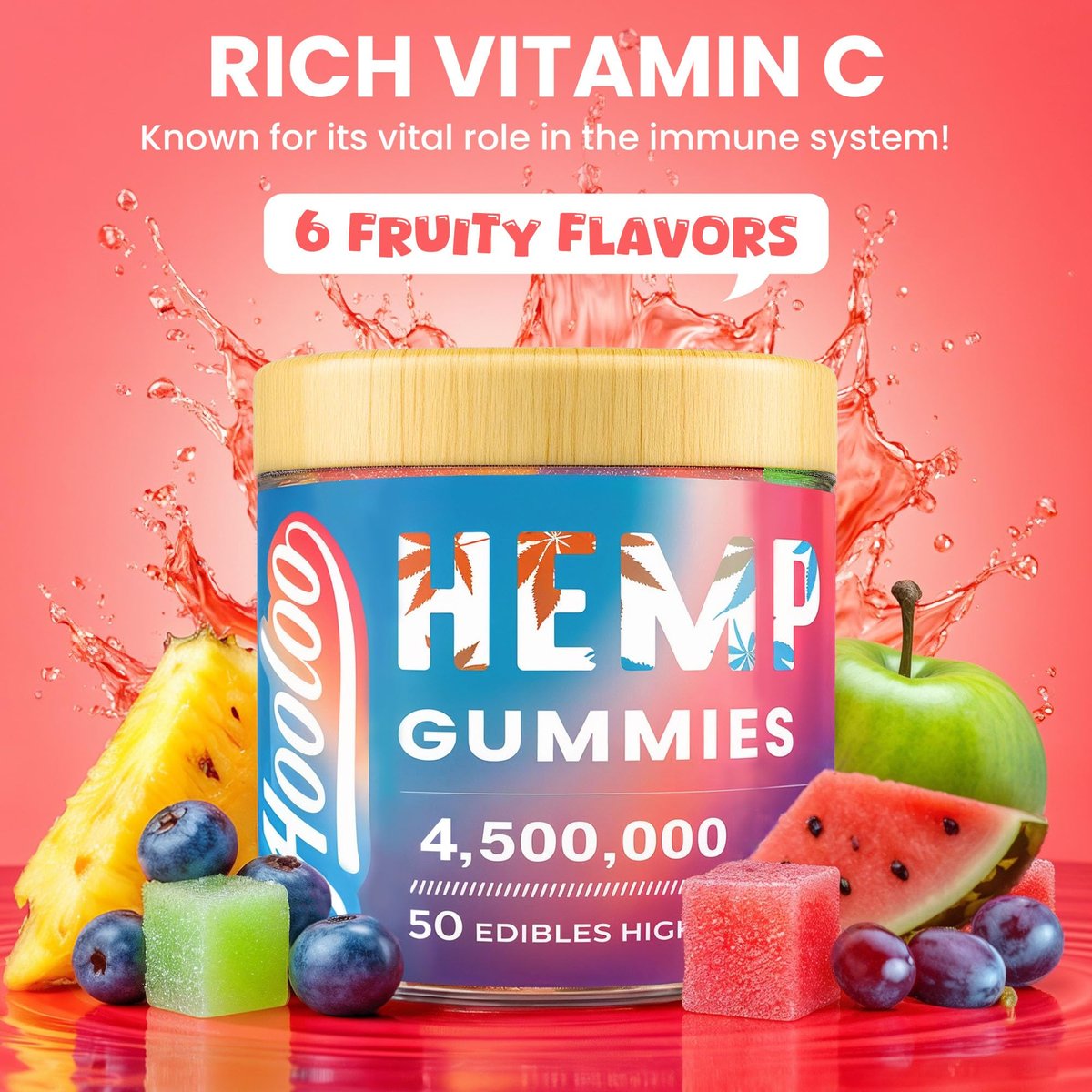 HOOLOO Hanf-Gummis für tiefe Nächte, Entspannung, Fokus - 6 Fruchtgeschmacksrichtungen, große Würfel, angereichert mit Vitaminen und Omega 3 - Extra stark 4.500.000 für Erwachsene - Hergestellt in den USA