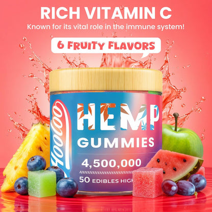 HOOLOO Hanf-Gummis für tiefe Nächte, Entspannung, Fokus - 6 Fruchtgeschmacksrichtungen, große Würfel, angereichert mit Vitaminen und Omega 3 - Extra stark 4.500.000 für Erwachsene - Hergestellt in den USA