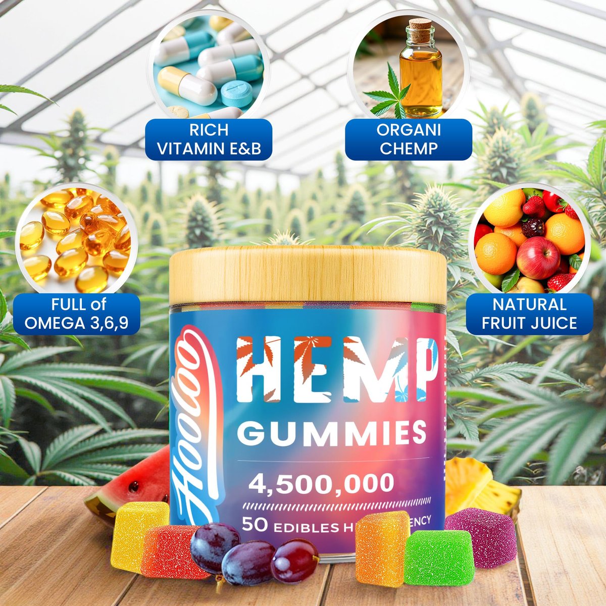 HOOLOO Hanf-Gummis für tiefe Nächte, Entspannung, Fokus - 6 Fruchtgeschmacksrichtungen, große Würfel, angereichert mit Vitaminen und Omega 3 - Extra stark 4.500.000 für Erwachsene - Hergestellt in den USA