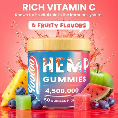 HOOLOO Hanf-Gummis für tiefe Nächte, Entspannung, Fokus - 6 Fruchtgeschmacksrichtungen, große Würfel, angereichert mit Vitaminen und Omega 3 - Extra stark 4.500.000 für Erwachsene - Hergestellt in den USA