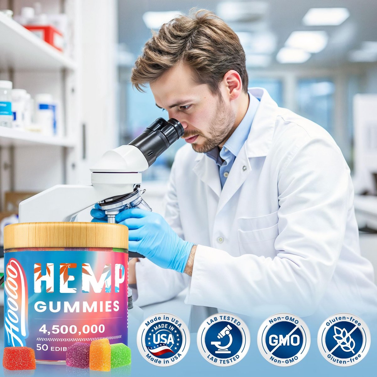 HOOLOO Hanf-Gummis für tiefe Nächte, Entspannung, Fokus - 6 Fruchtgeschmacksrichtungen, große Würfel, angereichert mit Vitaminen und Omega 3 - Extra stark 4.500.000 für Erwachsene - Hergestellt in den USA